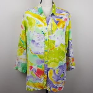 JAM'S World Green Yellow Floral Print Top sz M